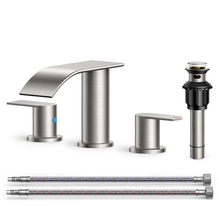 TVOFEK 8 inch Waterfall Bathroom Faucet 3 Hole, Brushed Nickel Widespread Bathroom Water Faucets with Metal Pop-up Drain and Supply Lines for Vanity Farmhouse