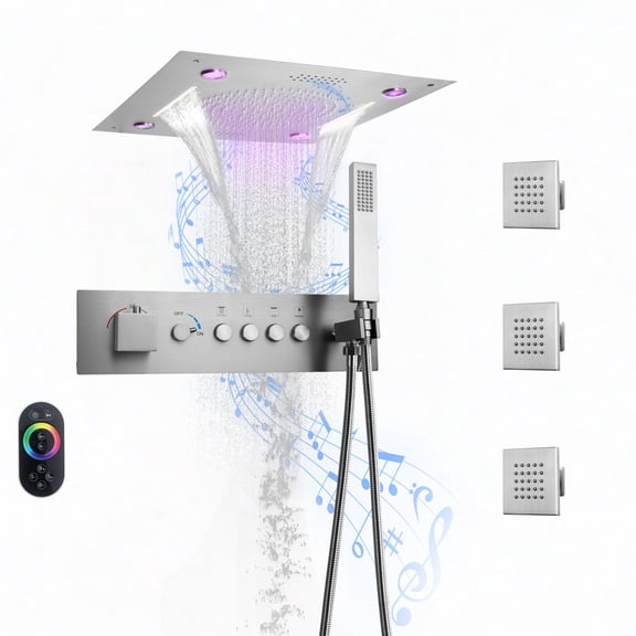Brushed Nickel Waterfall Rain Shower System With Body Jets and Handheld, DisixinDi Luxury Music Thermostatic Shower Head Combo Set, Can Use All Faucets At Same Time