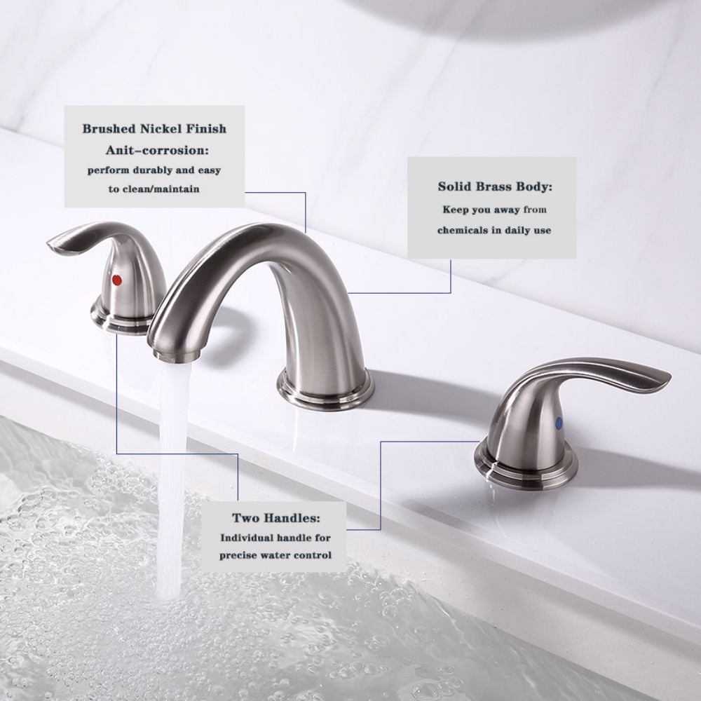 Brushed Nickel Widespread Bathroom Faucet, Waterfall Bathroom Faucets for Sink 3 Hole, 2-Handles Modern Vanity Faucet with Pop Up Drain Assembly