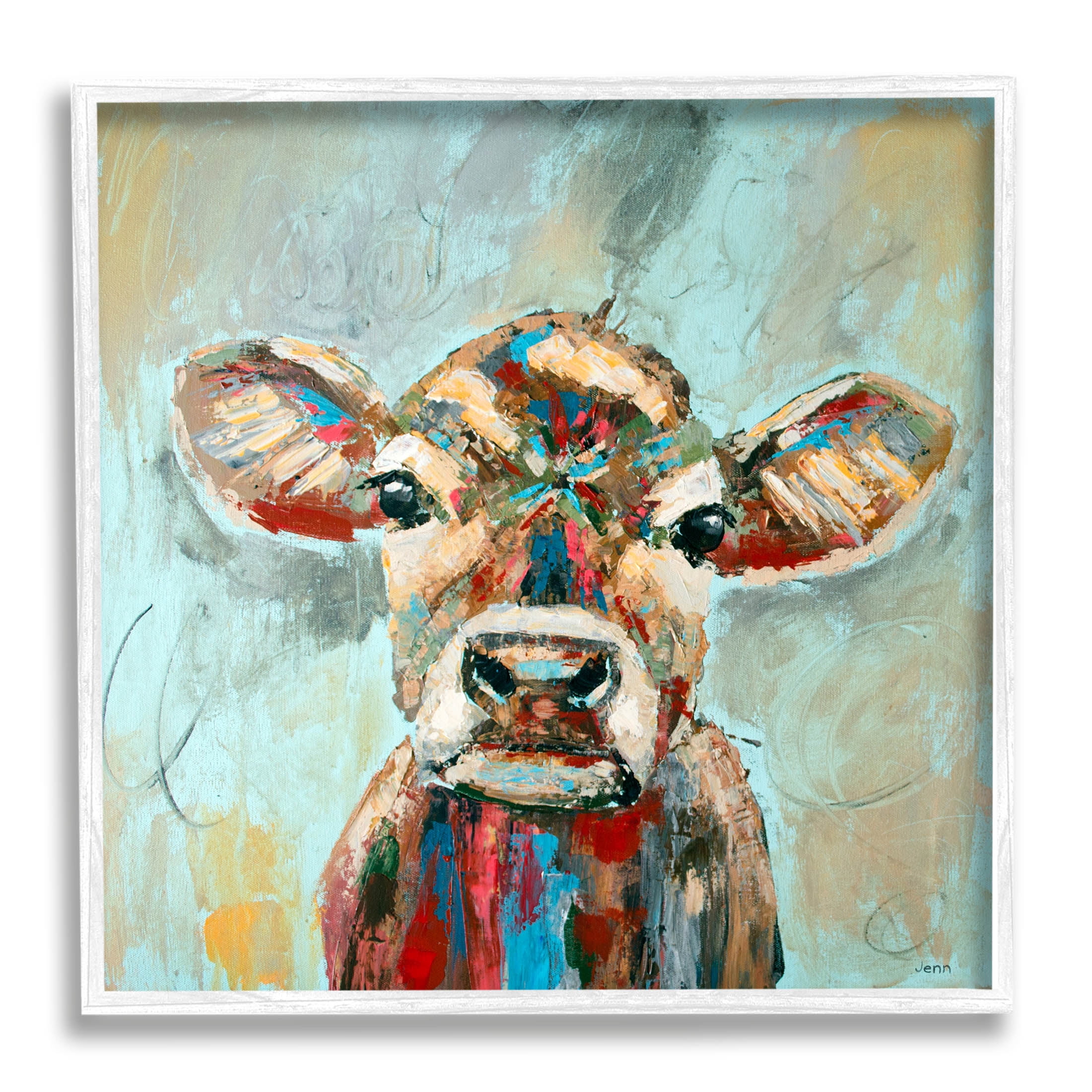 Brushed Painting Cow Animal Animals & Insects Painting White Framed Art Print Wall Art