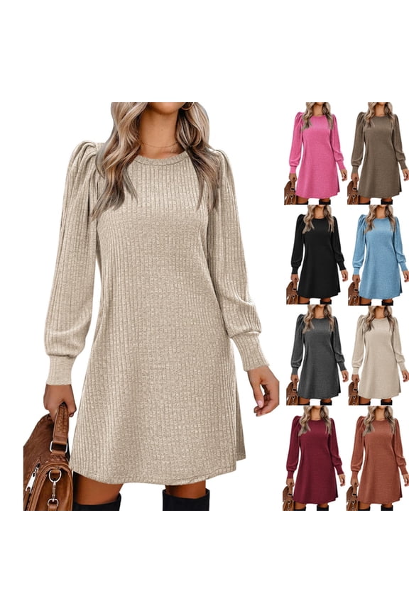 Brushed Ribbed Knit Solid Color A-Line Dress for Women - Gray, Puff Sleeve, Round Neck Pullover, Regular Long Sleeve, S-XXL