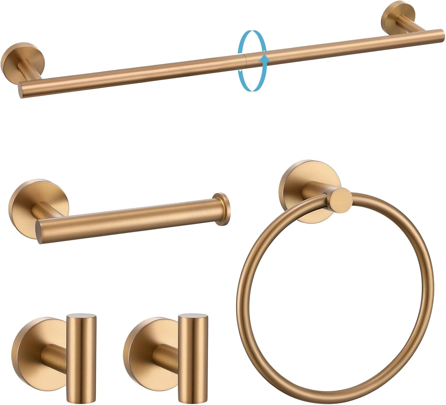 Brushed Gold 5-Piece Bathroom Hardware Set – 23.6 Inch Towel Bar, Ring, TP Holder With Shelf & 2 Hooks, Stainless Steel
