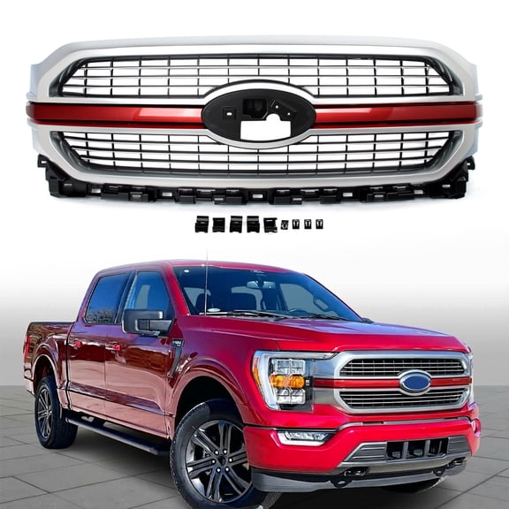 Front Bumper Upper Grille Brushed Satin Aluminum+Rapid Red For 2021 2022 2023 Ford F150 F-150