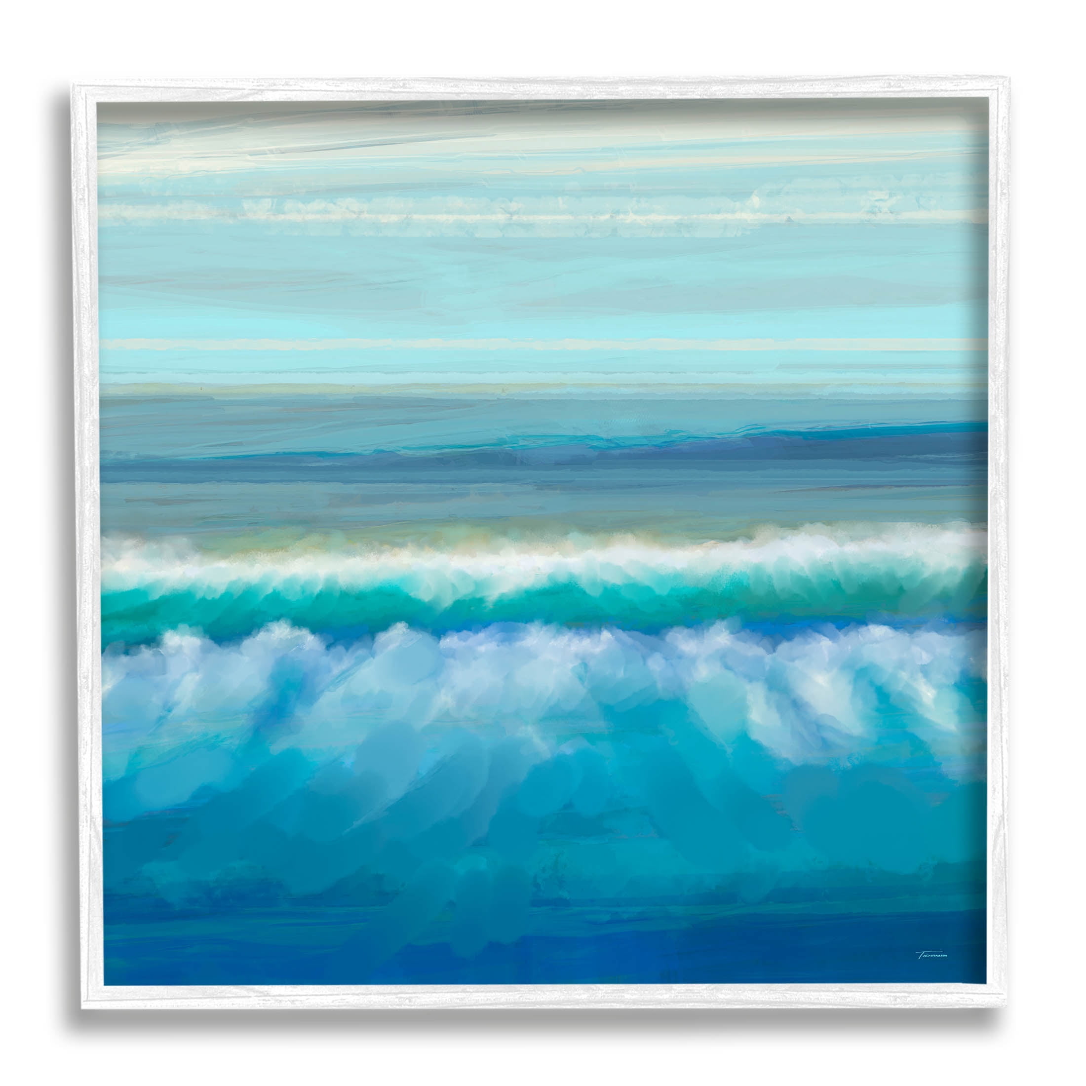 Brushed Sea Waves Crashing Coastal Painting White Framed Art Print Wall Art