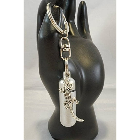 Brushed Silver Alligator/Gecko CREMATION URN with Engraved Heart - on Swivel Stainless Steel Keychain - Includes Velvet Pouch &amp; Fill Kit