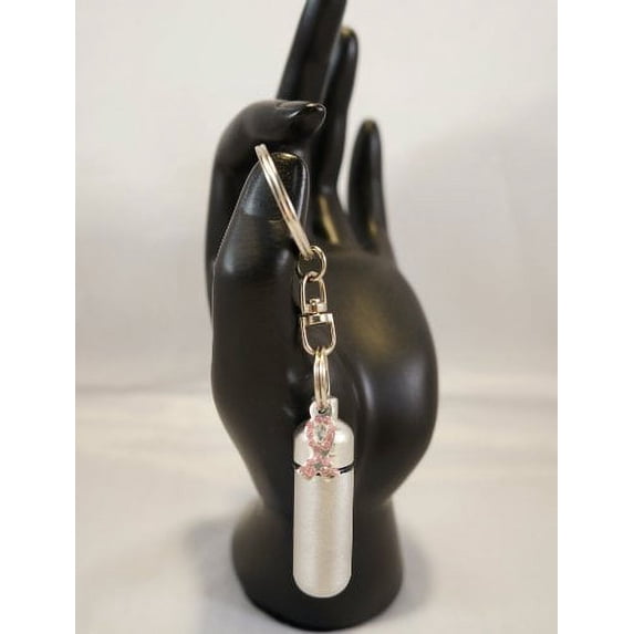 Brushed Silver/Rhinestone Breast Cancer Awareness CREMATION URN with Engraved Heart on Swivel Stainless Steel Keychain - Includes Velvet Pouch & Fill Kit