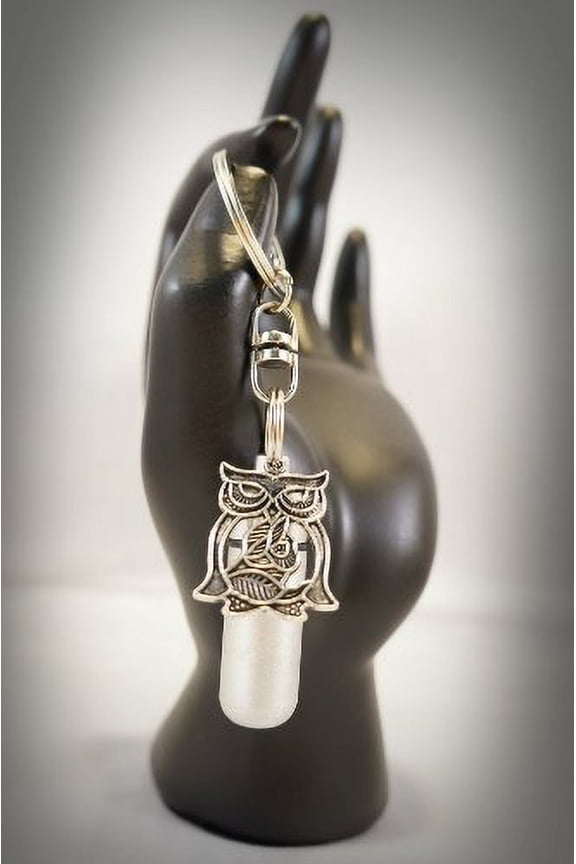 Brushed Silver WISE OWL CREMATION URN with Engraved Heart on Swivel Stainless Steel Keychain - Includes Velvet Pouch & Fill Kit