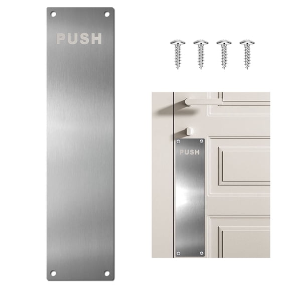 Brushed Sliver 12" x 3" Vertical Door Plate with "Push" Sign, Stainless Steel Scratch Protection Kickplate for Interior/Exterior Doors
