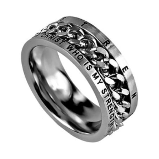 Brushed Stainless Steel Chain Ring "His Strength" Size 10 (CR HS 10)