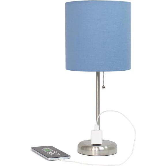 Brushed Steel Stick Table Desk Lamp with Charging Outlet and Drum Fabric Shade, Navy Blue Shade