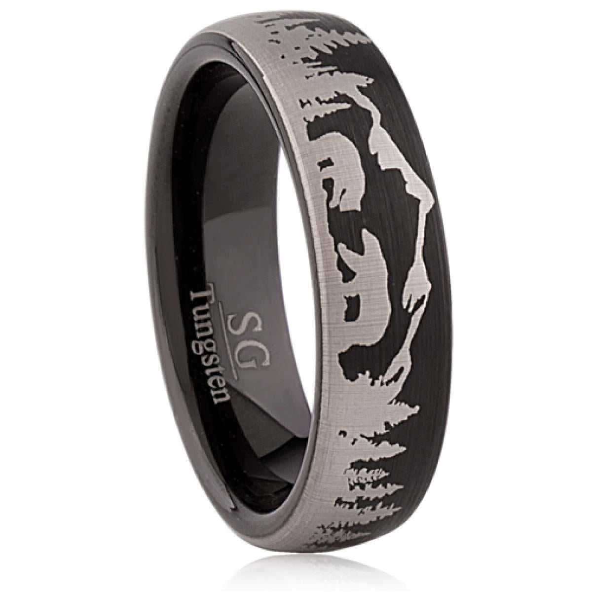 Tree Rings Bear Brushed Surface With Bears, Trees & Mountains Tungsten And Ip Plated ...