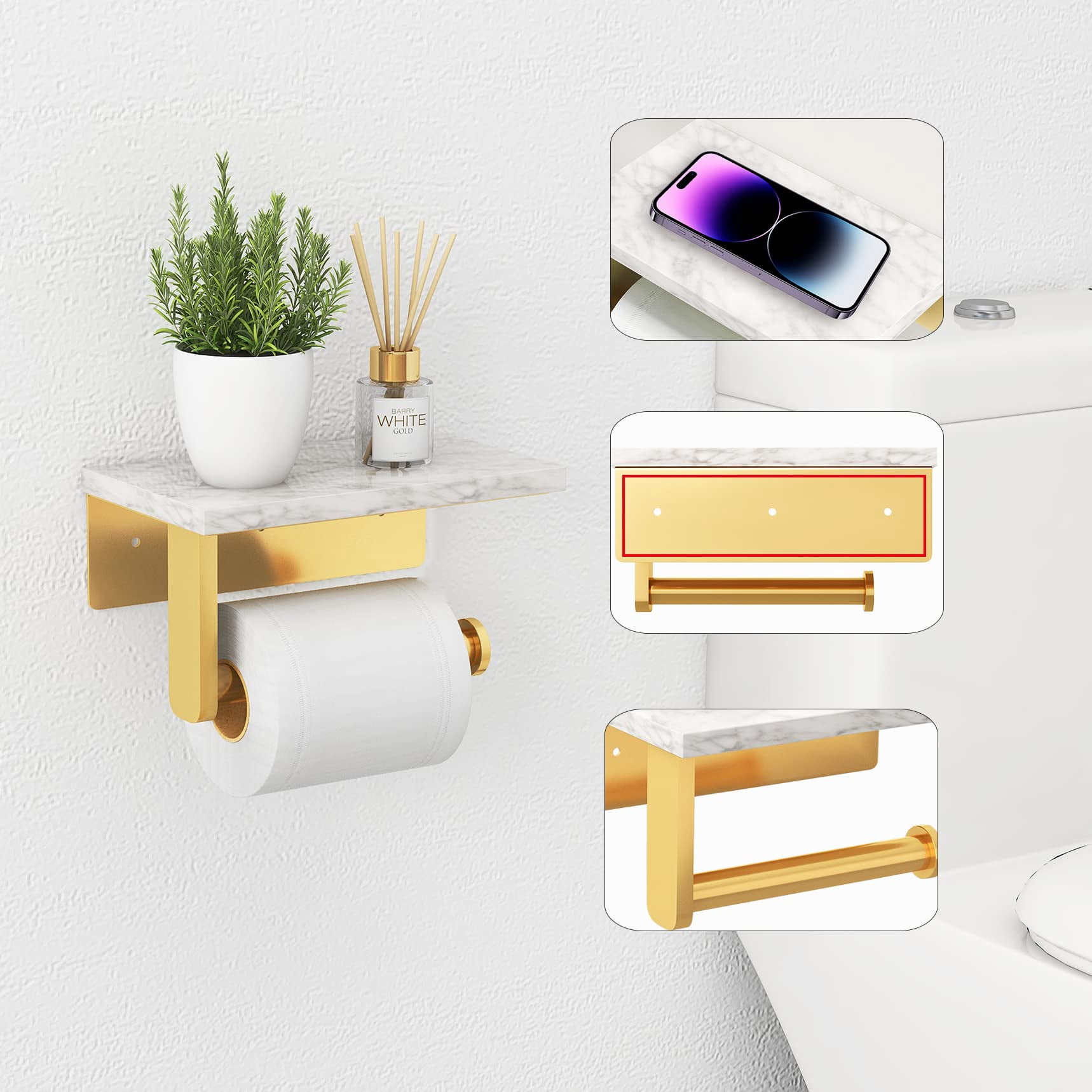 Brushed Toilet Paper Holder With Marble Shelf 304 Stainless Steel Screw ...