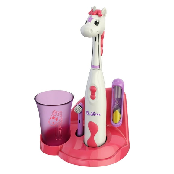 Brusheez Kids’ Electric Toothbrush Set - Safe & Effective for Ages 3+ - Parent Tested & Approved with Gentle Bristles, 2 Brush Heads, Rinse Cup, 2-Minute Timer, & Storage Base (Sparkle the Unicorn)