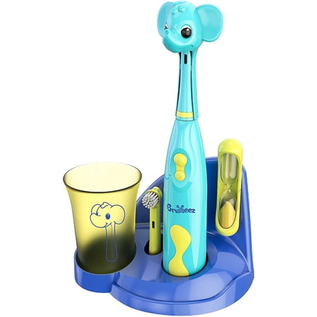 Brusheez Kids Electric Toothbrush Set (Safari Edition) - Battery Operated, Soft Bristles, Easy On/Off, 2 Brush Heads, Animal Cover, Sand Timer, Rinse Cup, and Base - Ages 3+ (Ollie The Elephant)