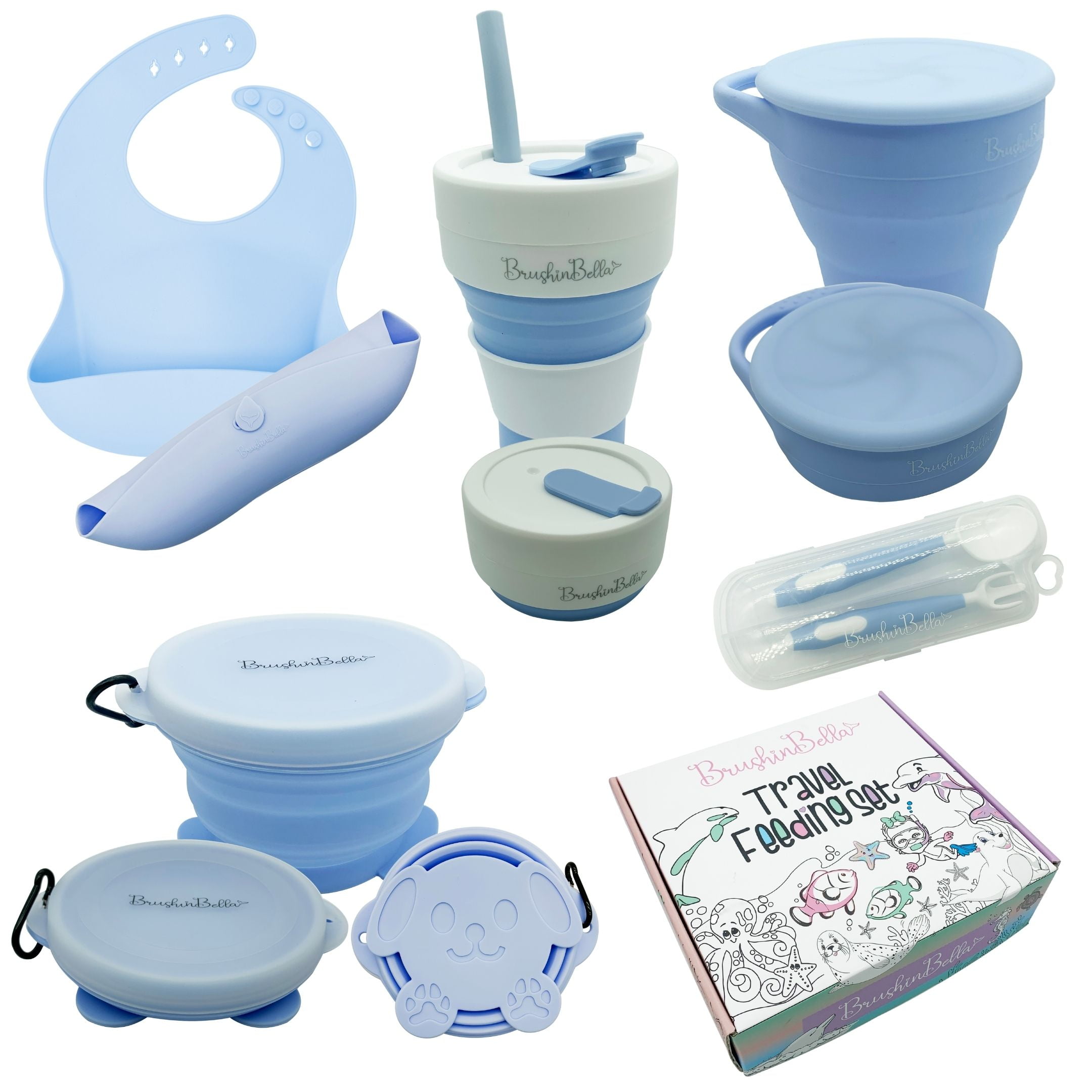 BrushinBella Baby Feeding Set - Collapsible Feeding Supplies for Travel - Food Grade Silicone Suction Baby Bowl, Baby Plate, Baby Bib, Baby Spoons First Stage - Cute Baby Eating Supplies Toddler Gift