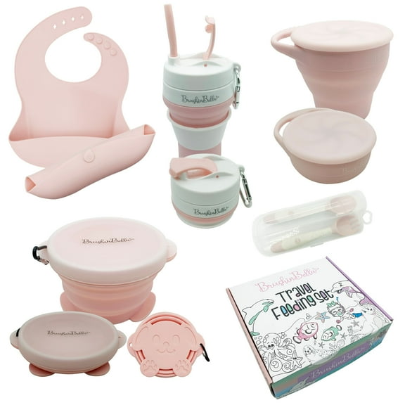BrushinBella Baby Feeding Set - Collapsible Feeding Supplies for Travel - Food Grade Silicone Suction Baby Bowl, Baby Plate, Baby Bib, Baby Spoons First Stage - Cute Baby Eating Supplies Toddler Gift