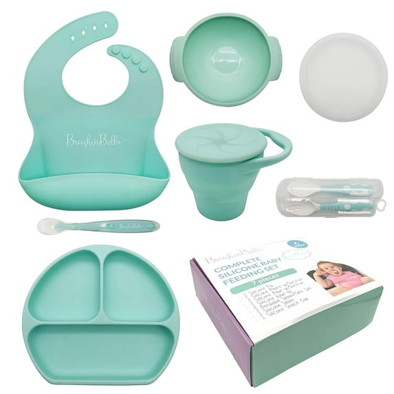 BrushinBella Baby Feeding Set with Baby Plate, Baby Spoons First Stage, Silicone Bib and Snack Cup - Infant Eating Utensils