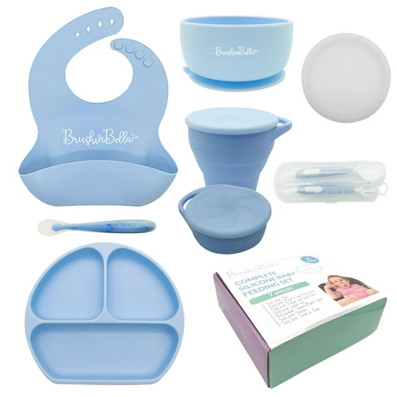 BrushinBella Baby Feeding Supplies - Complete Baby Feeding Set with Baby Plate, Baby Spoons First Stage, Silicone Bib and Snack Cup - Infant Eating Utensils and Baby Bowl with Suction