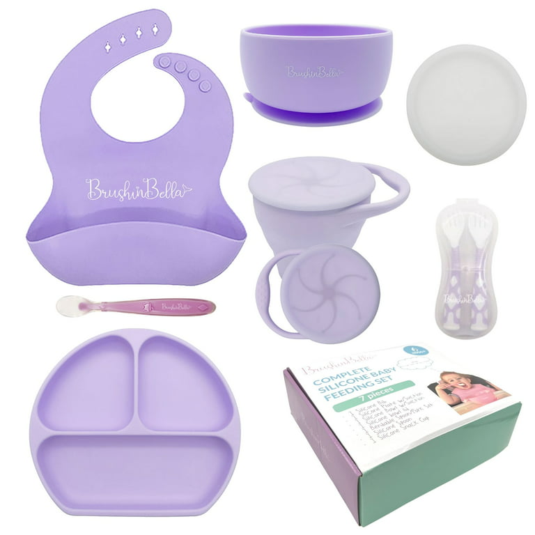 BrushinBella Baby Feeding Supplies - Complete Baby Feeding Set with Baby Plate, Baby Spoons First Stage, Silicone Bib and Snack Cup - Infant Eating