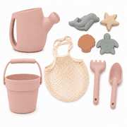 BrushinBella Silicone Beach Toys - Beach Bucket Set with Shovel, 4 Sand Molds - Travel-Friendly Kids Sand Toys in Net Carrying Bag - Safe Baby Sand Toys - Dishwasher-Safe Blush Pink