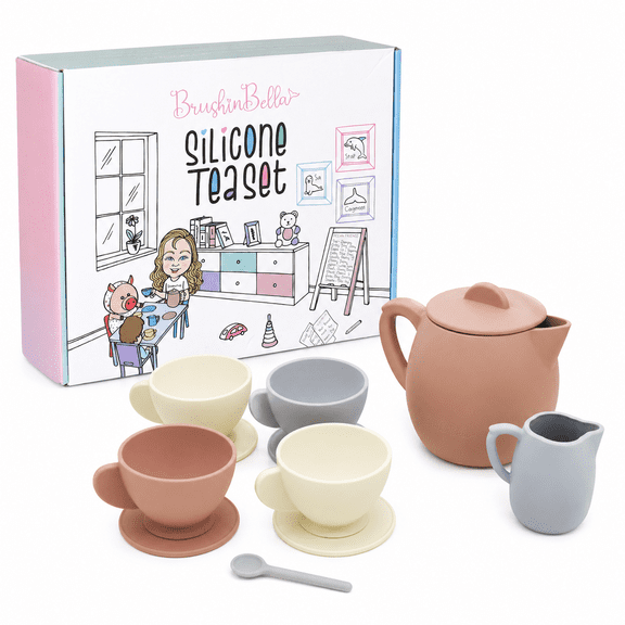 BrushinBella Silicone Tea Party Set - 12-Piece Toddler Toy Tea Set - Safe Kids Play Tea Set - Durable Toy Teapot, Creamer, Tea Cups - Dishwasher-Safe Mini Tea Set - Cute Tea Party Set for Toddlers