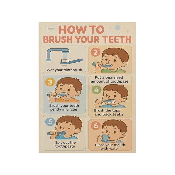 Brushing Teeth Poster for Kids Step by Step Visual Guide Bathroom Wall Art Homeschool Hygiene Learning Tool Educational Chart