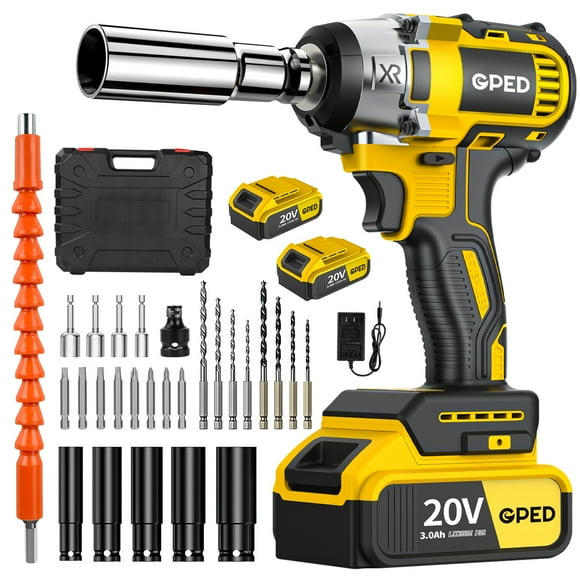 Brushless 1/2” Impact Wrench, 20V Cordless Impact Wrench with 2-Mode Speed, Power Impact Wrench, Max Torque 280 ft-lbs (380N.m), Includes 2 x 3.0A Batteries for Truck Car Home Mower, Yelllow