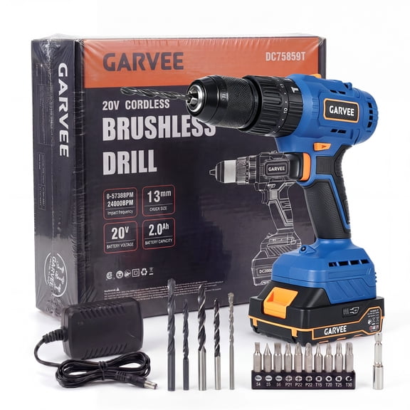 Brushless Battery-Powered Hammer Drill/Driver Kit - 531 in-lbs Torque, 24,000 BPM, 2-Speed - 1/2 in All-Metal Keyless Chuck, 20+1+1 Grab Handle - 2.0Ah Battery, 16 Bits - USA 20V - Blue-orange