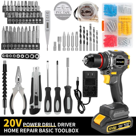 Brushless Compact Drill Tool Set, 60N.m 20V Cordless Drill Tool Box with 2 Battery, 135Pcs Man Household Combo Set with  Hand Taladros Kits, 531 In-lb Kit with Drill for Daily Home Repair
