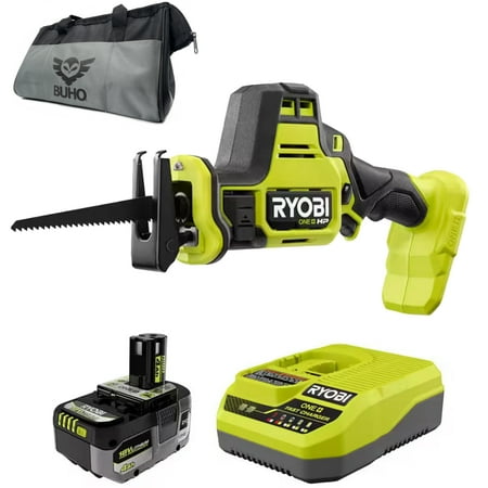 Brushless Compact Reciprocating Saw Bundle with Ryobi Saw, Battery, Charger, and Buho Tool Bag. High Performance 18-Volt Cordless, One Handed Operation