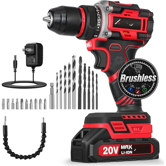 Brushless Drill Set, 20V Cordless Drill Driver Kit with 2.0Ah and Charger, 3/8-Inch Metal Chuck, 355 In-lbs Torque, 2-Variable Speed, 26 Position and 22 count Accessories