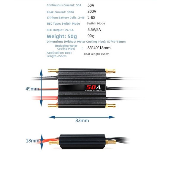 Brushless ESC for RC Boat Models 2-6S for LIPO Waterproof Controller with 5.5V/5A BEC Programmable Card Support 50A-150A(50A)