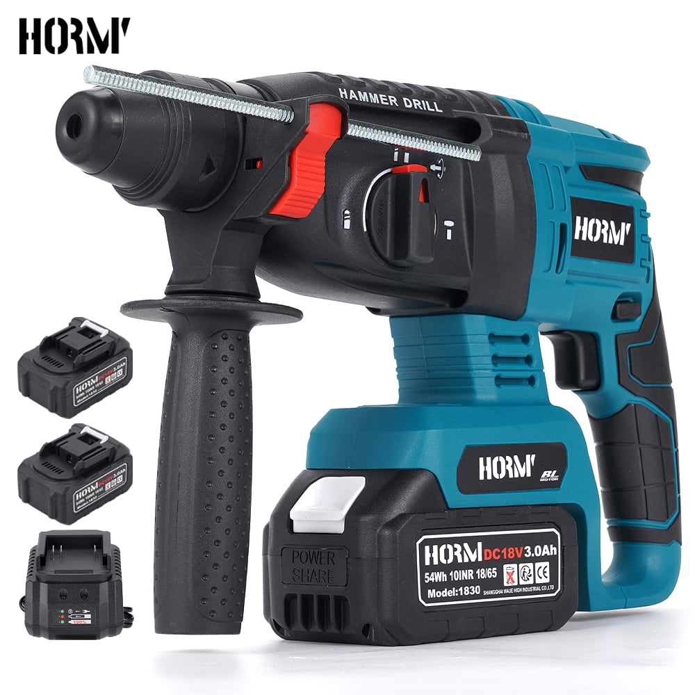 HORMY SDS-Plus Rotary Hammer Drill, 4 Functions Brushless Hammer Drill with Two 3.0A Batteries and 1 Fast Charger for Concrete Rock Floor Tile Removal