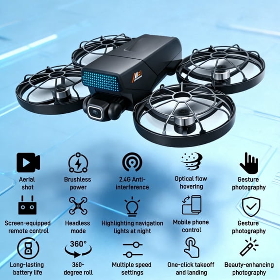 Brushless Foldable Drone with Dual Cameras, Optical Flow Positioning, HD Aerial Photography, Stable Flight, No-Screen Remote Controller, Double Battery  Black