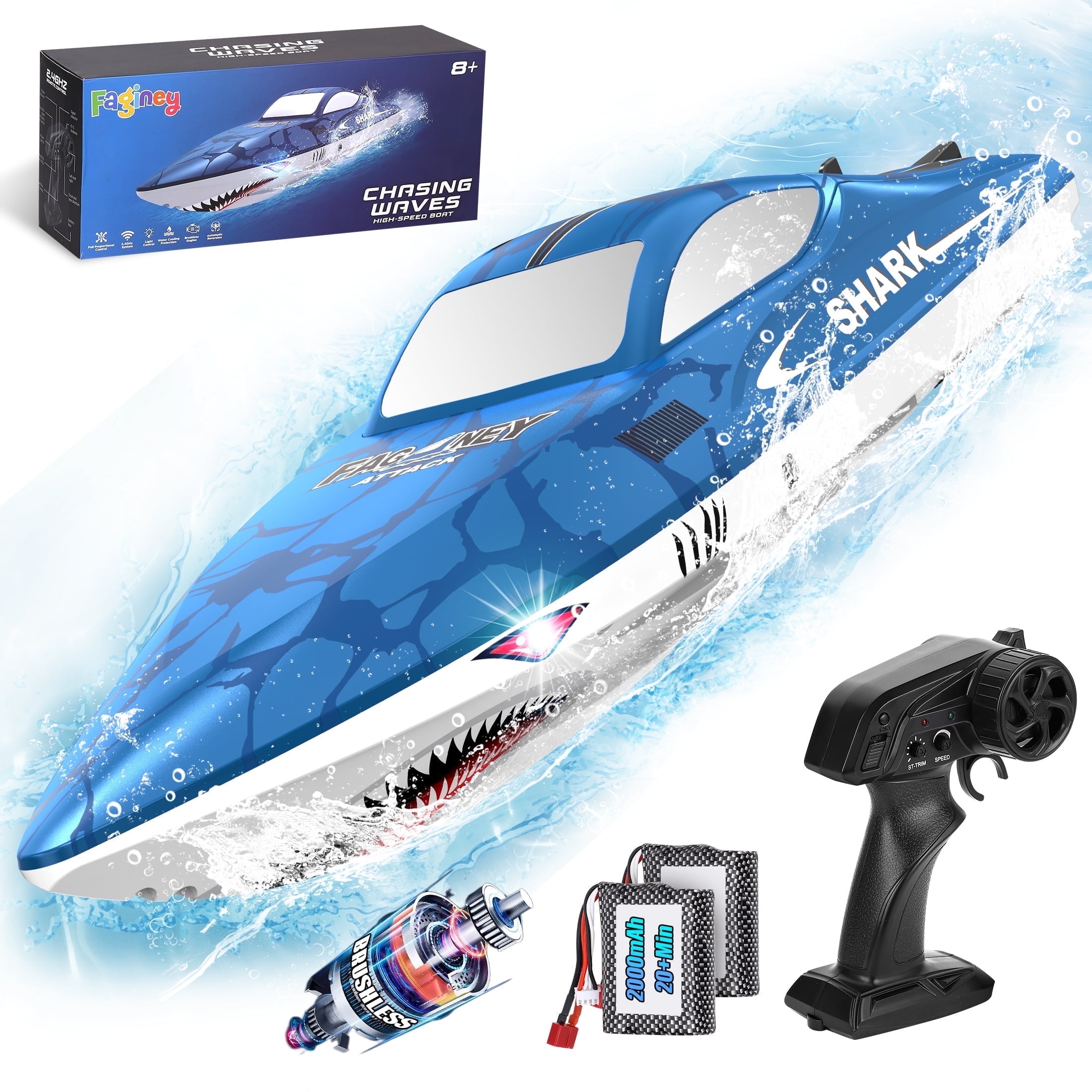 FAGINEY Brushless RC Shark Boat for Kids Adults, 34 mph (55 Kph) 2.4GHz Fast Remote Control Boat with Self-Righting, LED Lights
