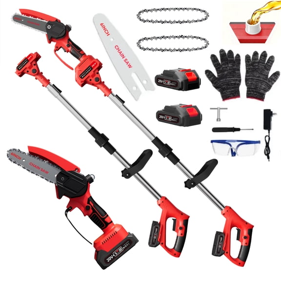 Brushless Motor Telescopic Foldable Pole Saw, 2 Batteries & 2 Chains, Auto-Oiling Quick Blade Change, Ergonomic Sturdy Outdoor Cutter for Tree Trimming Gardening Landscaping - Pro Gardener Focused