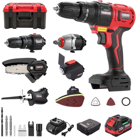 Brushless Power Tool Combo Kit, 6-in-1 Cordless Interchangeable Multi-Tool Set (Drill, Impact Wrench, Oscillating Tool, Reciprocating & Chain Saws, Sander), 3Ah Battery, USB Adapter & Hard Case