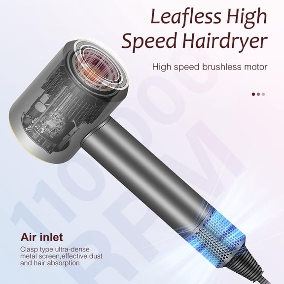 Brushless Powerful Hair Dryer, 1600W 110,000 RPM Fast Drying High Speed Blow Dryer with Negative Ion Technology, Portable Lightweight with Diffuser and Nozzle for Home Salon Travel, Grey
