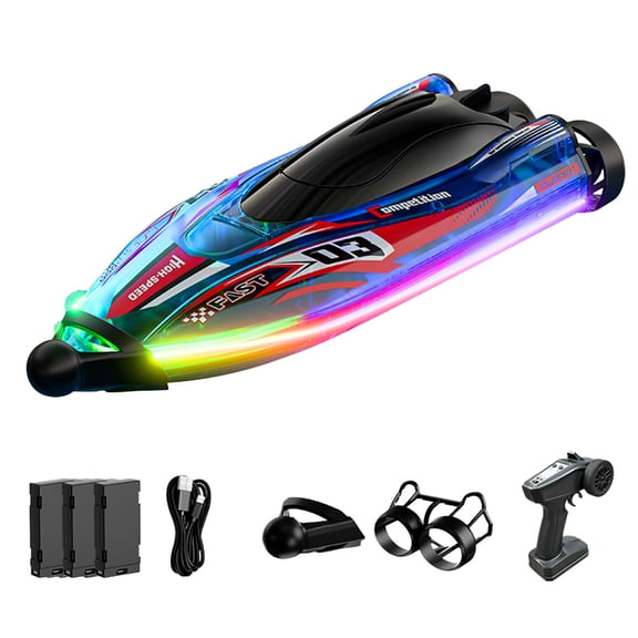 Brushless RC Boat with Color-Changing LED Lights, Waterproof & Impact-Resistant, 2.4GHz High-Speed Remote Control Boat for Lakes & Pools, Ideal Gift for All Ages (Blue-3 Battery)