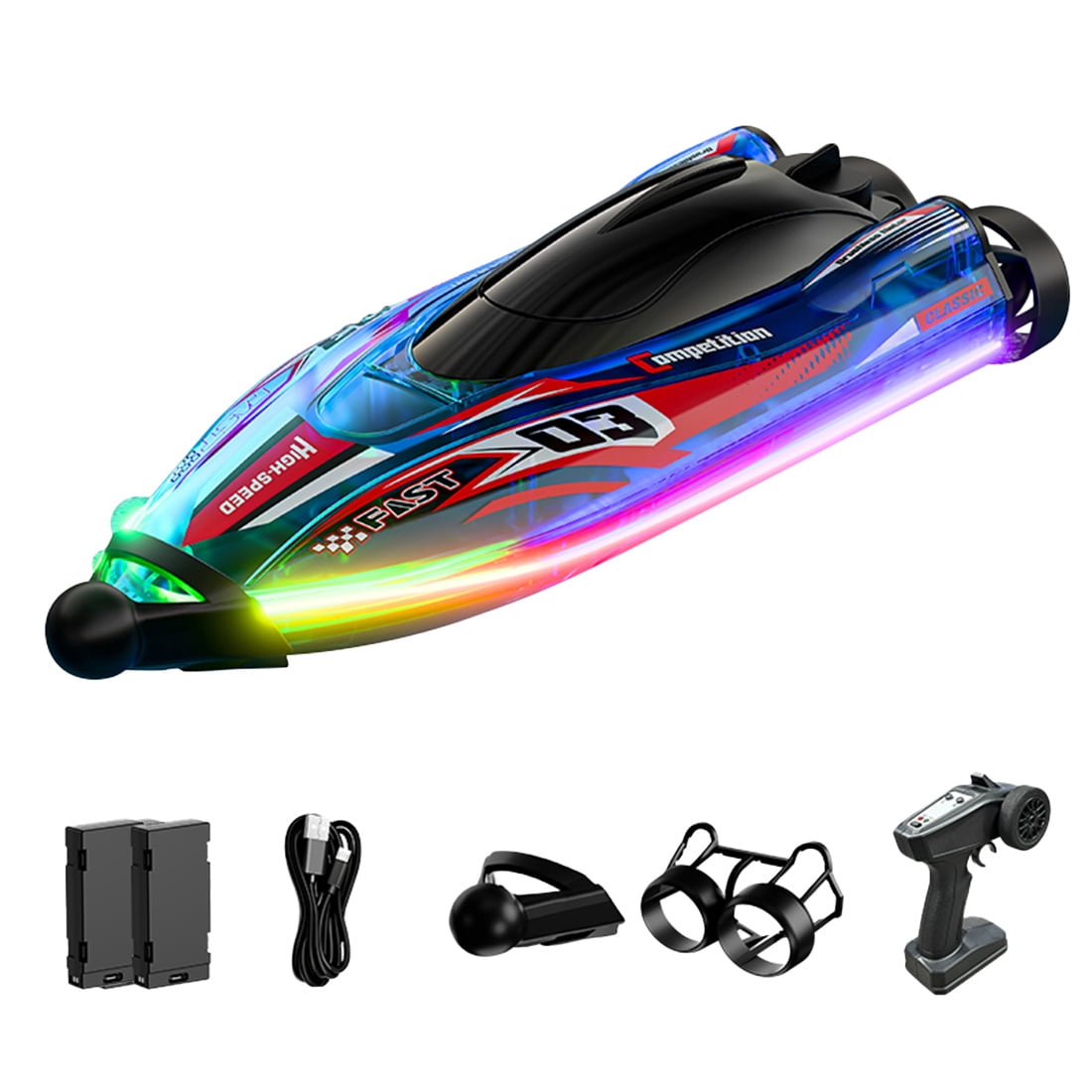 Brushless RC Boat with LED Light, 2.4GHz Waterproof Racing Watercraft LED Lights Dual Motor Dual Brushless Summer Water Play Toy Gift for Pool&Lakes(Blue/2 Battery)