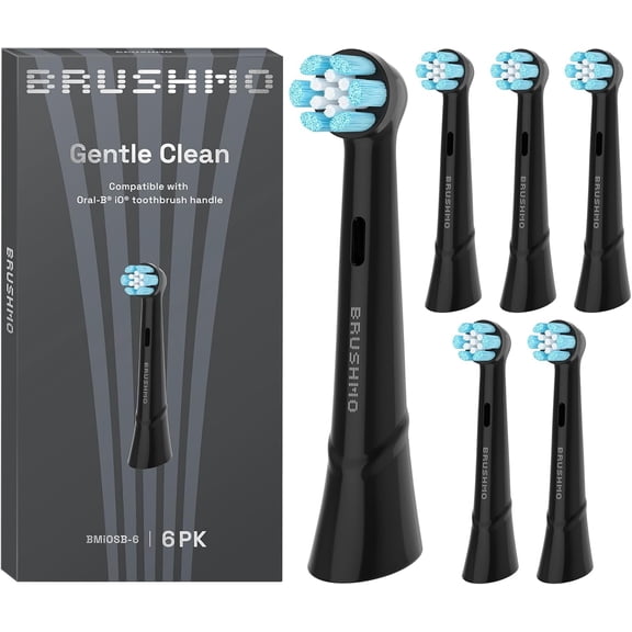 Brushmo Gentle Clean Replacement Toothbrush Heads, Compatible with Oral-B iO Series Electric Handles, Plaque Removal, Gum Care, BMiOS, 6-Pack, Black