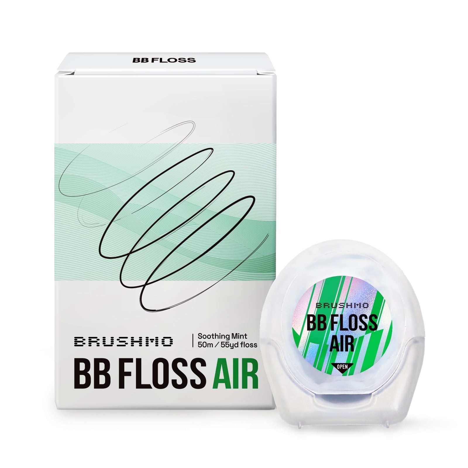 Brushmo Black Floss Air, Thin Expanding Woven Dental Floss, Soothing Mint, Natural Wax, Dentist Designed, Vegan, 1 Spool (55yd)