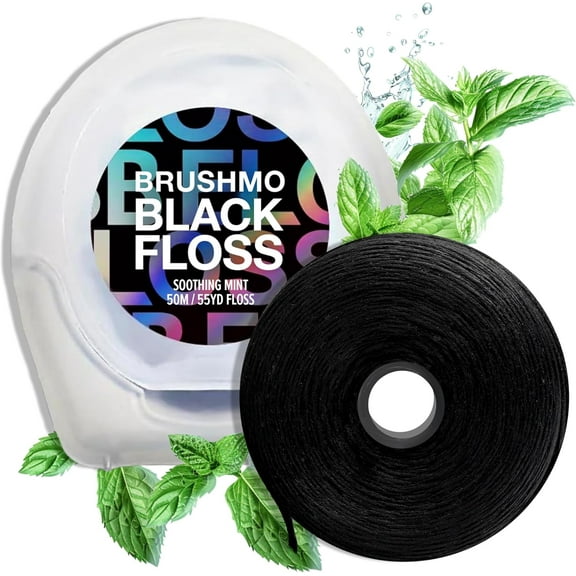 Brushmo Black Expanding Dental Floss, Soothing Mint, Natural Wax, Dentist Designed, Vegan, 1 Spool (55 yd)