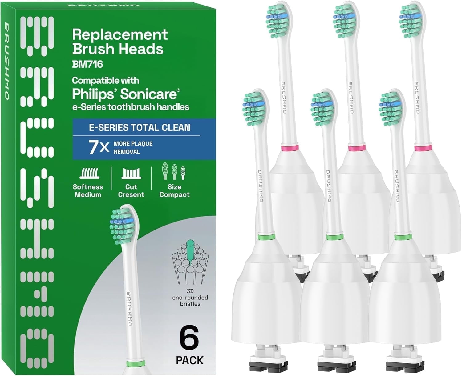 Brushmo e-Series Total Clean Compact Replacement Toothbrush Heads Compatible with Philips Sonicare Screw-on Handles, Medium-Firm Bristles, BM716, 6-Pack, White
