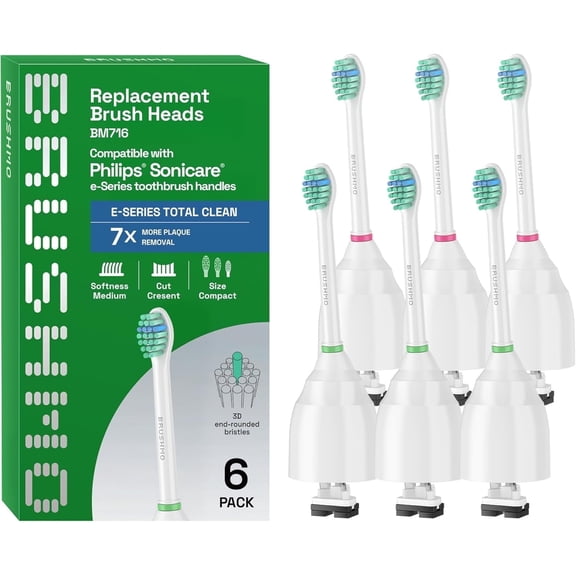 Brushmo e-Series Total Clean Compact Replacement Toothbrush Heads Compatible with Philips Sonicare Screw-on Handles, Medium-Firm Bristles, BM716, 6-Pack, White