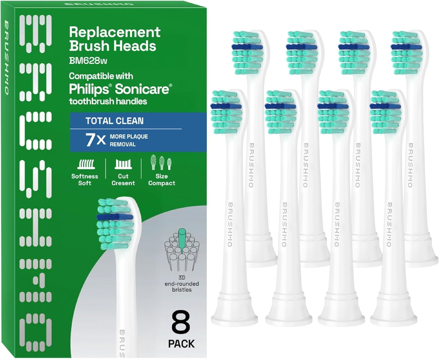 Brushmo Total Clean Compact Replacement Toothbrush Heads, Compatible with Philips Sonicare Click-On Handles, Soft DuPont Bristles, BM628, 8 Pack, White