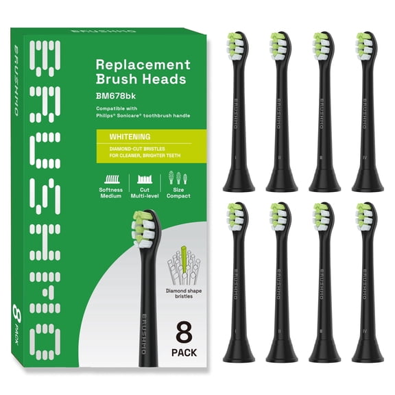 Brushmo Whitening Compact Replacement Toothbrush Heads Compatible with Philips Sonicare Click-on Handles, Medium-Firm Diamond-Shaped DuPont Bristles, BM678BK, 8-Pack, Black