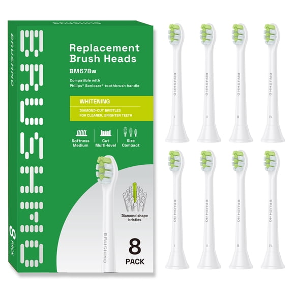 Brushmo Whitening Compact Replacement Toothbrush Heads Compatible with Philips Sonicare Click-on Handles, Medium-Firm Diamond-Shaped DuPont Bristles, BM678W, 8-Pack, White