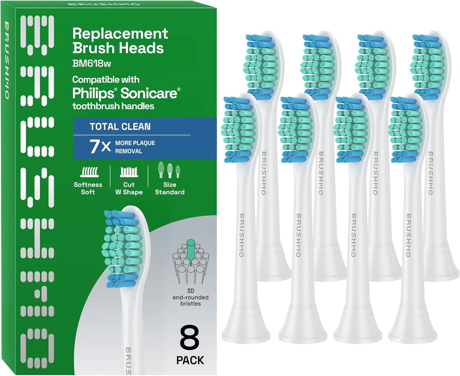 Brushmo Total Clean Standard Replacement Toothbrush Heads, Compatible with Philips Sonicare Click-On Handles, Soft DuPont Bristles, BM618, 8 Pack, White