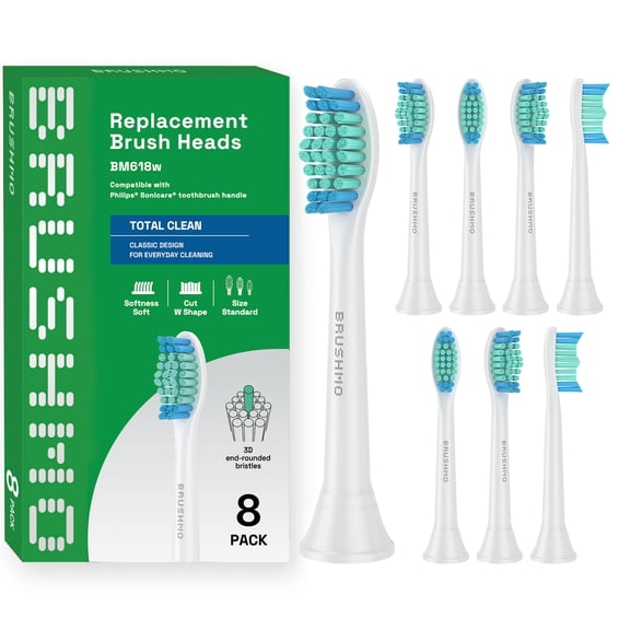 Brushmo Total Clean Standard Replacement Toothbrush Heads, Compatible with Philips Sonicare Click-On Handles, Soft DuPont Bristles, BM618, 8 Pack, White
